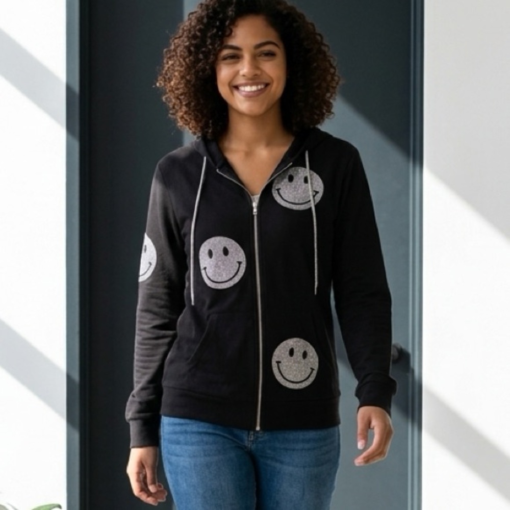 SUZY T designs Black Hoodie with Sequined Smiley Face Patches